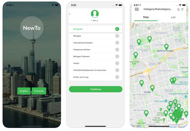 Screen shots of the New TO app to help new immigrants in Toronto