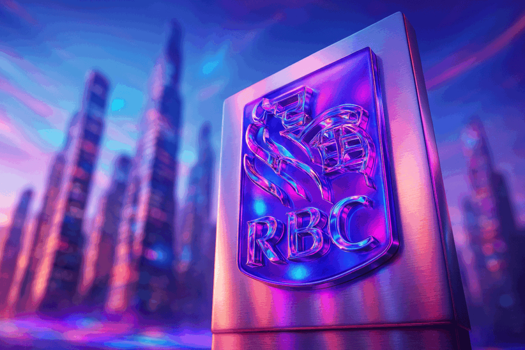 3D glass RBC logo in purple-fuchsia dispersion style on a metallic sign, with a futuristic city skyline blurred in the background.