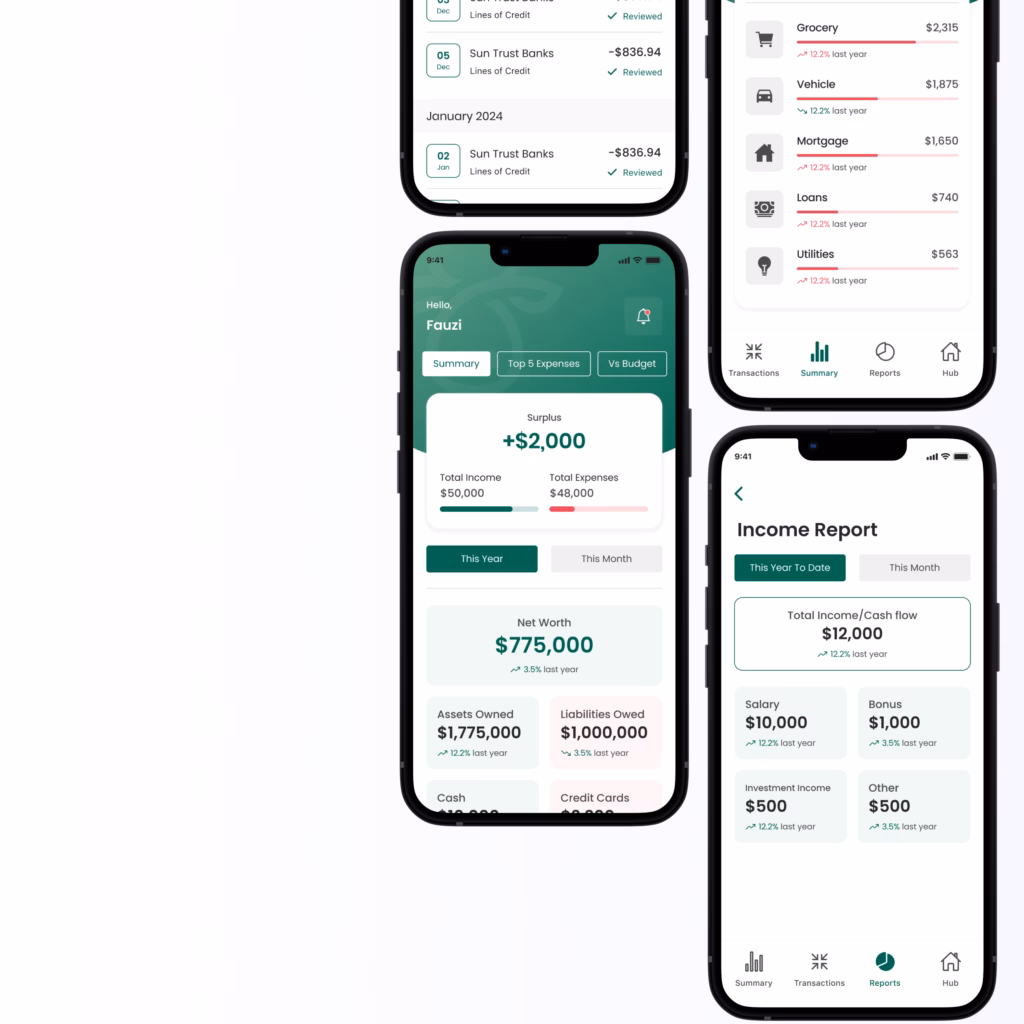 Screenshots of a custom mobile app displaying the homepage and the user interface.