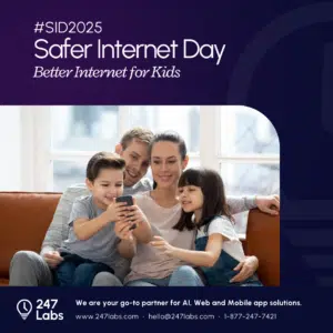 A diverse group of people engaging safely online, surrounded by cybersecurity symbols like shields, locks, and encrypted data