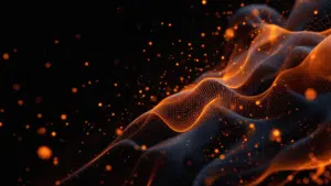 abstract visual representation of blockchain technology, floating connected blocks with an orange hue
