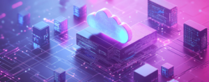 3D illustration of a pink and purple cloud microservices architecture, representing scalable software solutions and digital transformation for a software development agency.