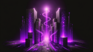 A futuristic digital representation of data migration, featuring glowing purple server towers and data streams transferring between them