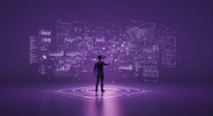 Person interacting with a spatial computing interface surrounded by floating digital screens in a futuristic purple-lit environment.