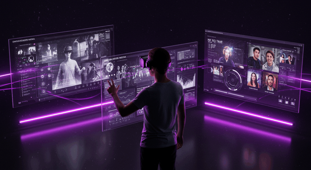 A person surrounded by holographic interfaces in a futuristic environment, representing immersive, AI-personalized, and interactive media formats with a purple hue.