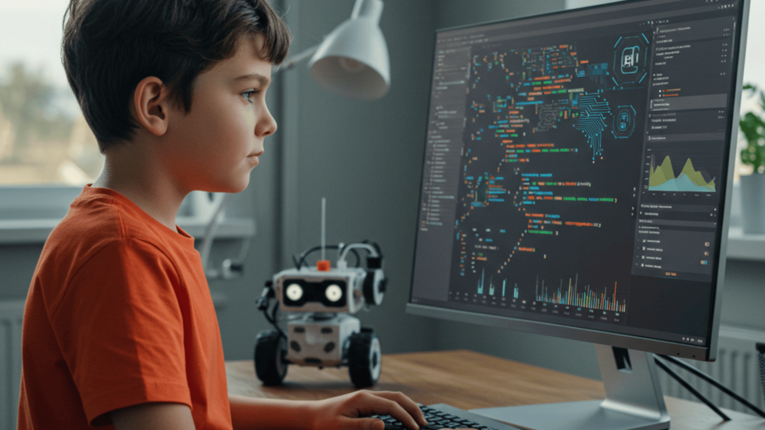 Young boy coding with AI software on a desktop computer in a modern room