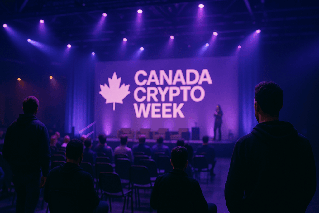 A speaker presents on stage at Canada Crypto Week 2025 in Toronto, with attendees seated under ambient purple lighting.