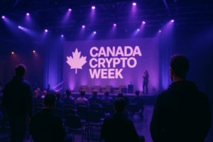 A speaker presents on stage at Canada Crypto Week 2025 in Toronto, with attendees seated under ambient purple lighting.