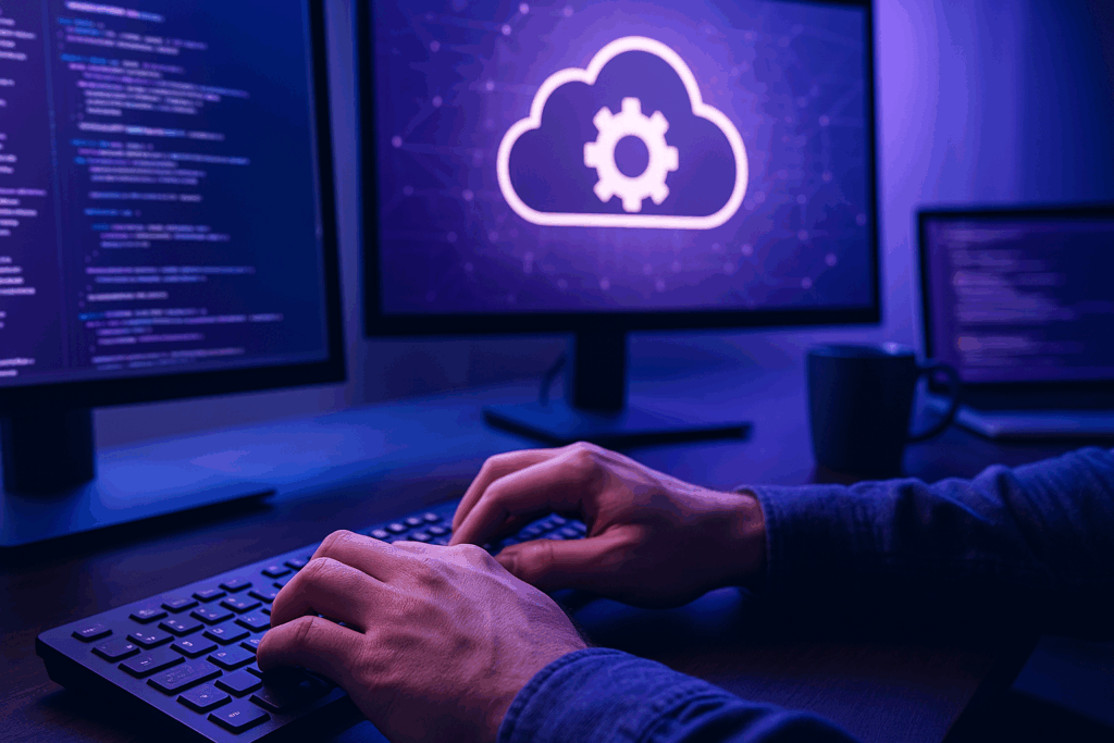 A software developer types at a keyboard in a dark, modern workspace illuminated by purple lighting. Dual monitors display programming code and a cloud icon with a gear symbol, representing cloud-native development. The atmosphere is tech-focused and professional, with bright screen highlights contrasting the overall purple hue.