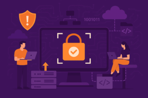 Illustration of a zero trust cybersecurity environment with developers, a central monitor displaying a padlock, and connected cloud and code icons, all set against a purple digital background.