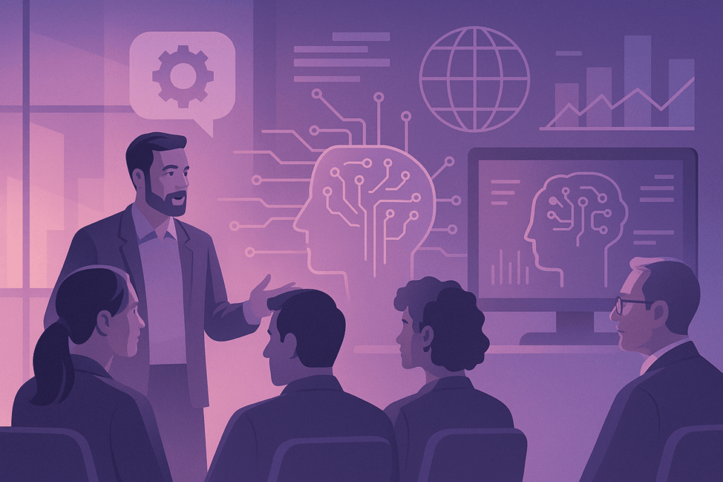Professionals engaged in a tech discussion with visual elements representing AI, data, and innovation in a modern workspace