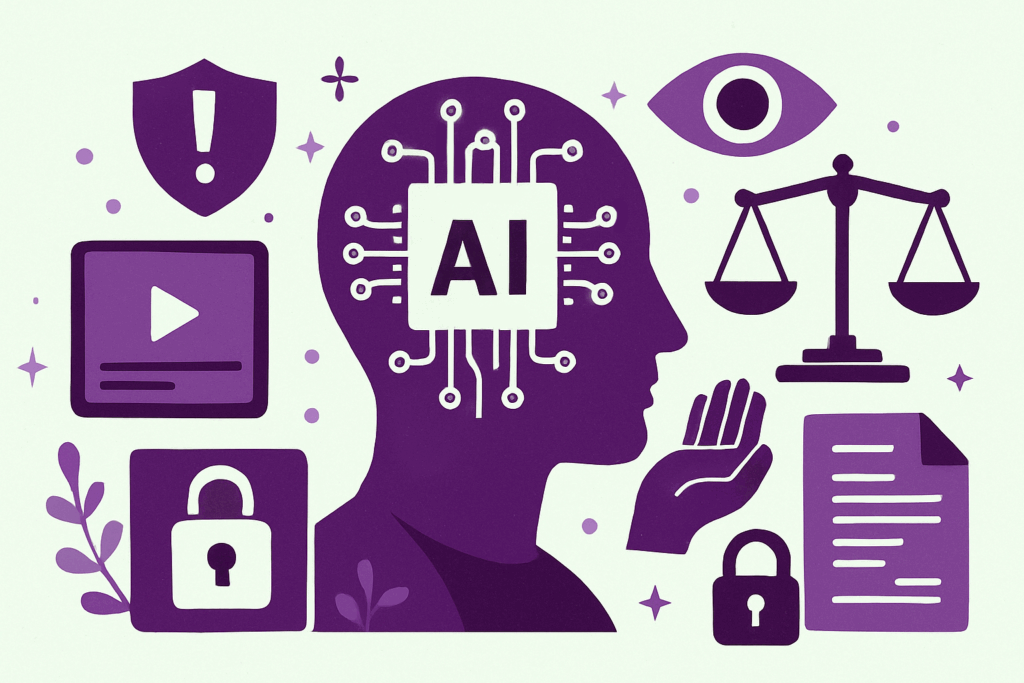Illustration of AI ethics and governance featuring a purple-toned human profile with a microchip, surrounded by icons for security, privacy, transparency, and justice.