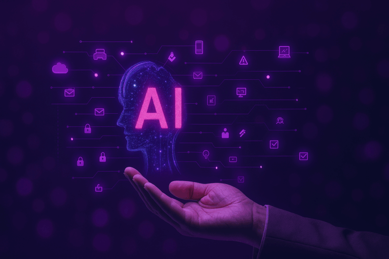 Hands showing a hologram of AI