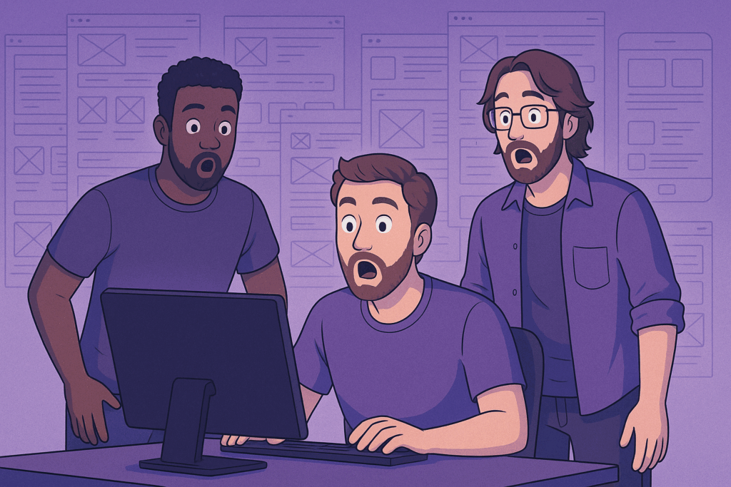 Three software developers—two standing and one seated—stare in awe at a computer monitor, with overlapping faded wireframes of websites and apps in the background. The scene features a slight purple hue and animated, flat design style.