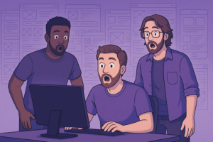 Three software developers—two standing and one seated—stare in awe at a computer monitor, with overlapping faded wireframes of websites and apps in the background. The scene features a slight purple hue and animated, flat design style.