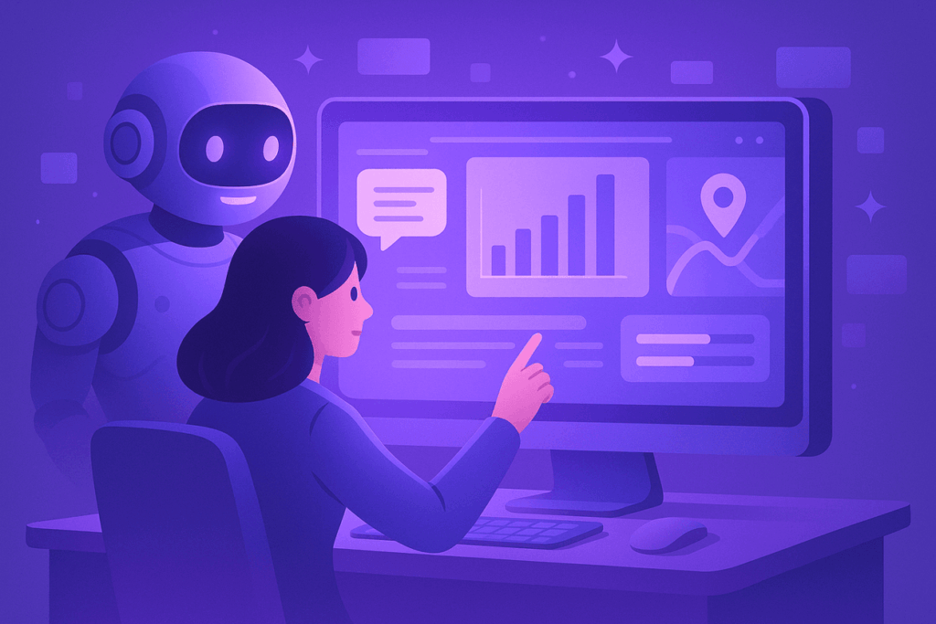 A woman interacts with a dynamic, AI-generated user interface on a computer screen while a friendly robot assistant observes beside her.