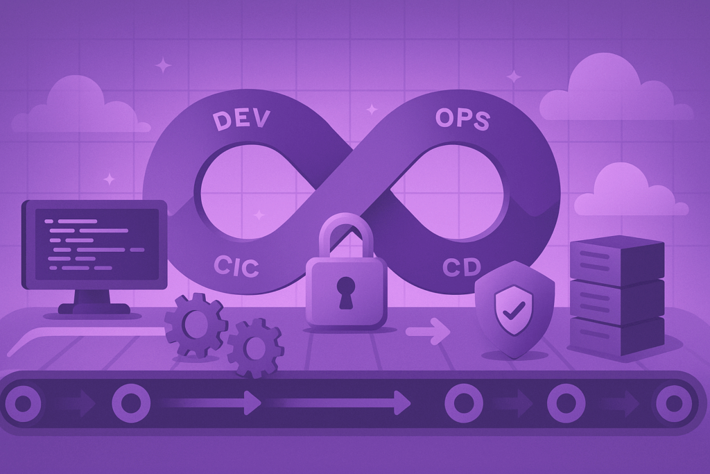 Purple-hued DevOps infinity loop with CI/CD belt, gears, padlock, containers, and cloud server, symbolizing secure automation.