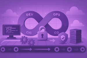 Purple-hued DevOps infinity loop with CI/CD belt, gears, padlock, containers, and cloud server, symbolizing secure automation.