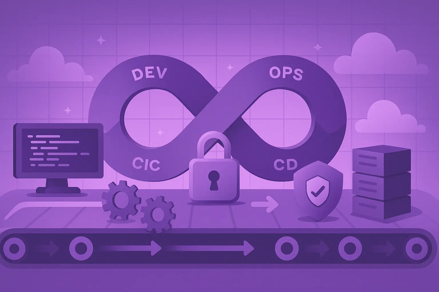 Purple-hued DevOps infinity loop with CI/CD belt, gears, padlock, containers, and cloud server, symbolizing secure automation.