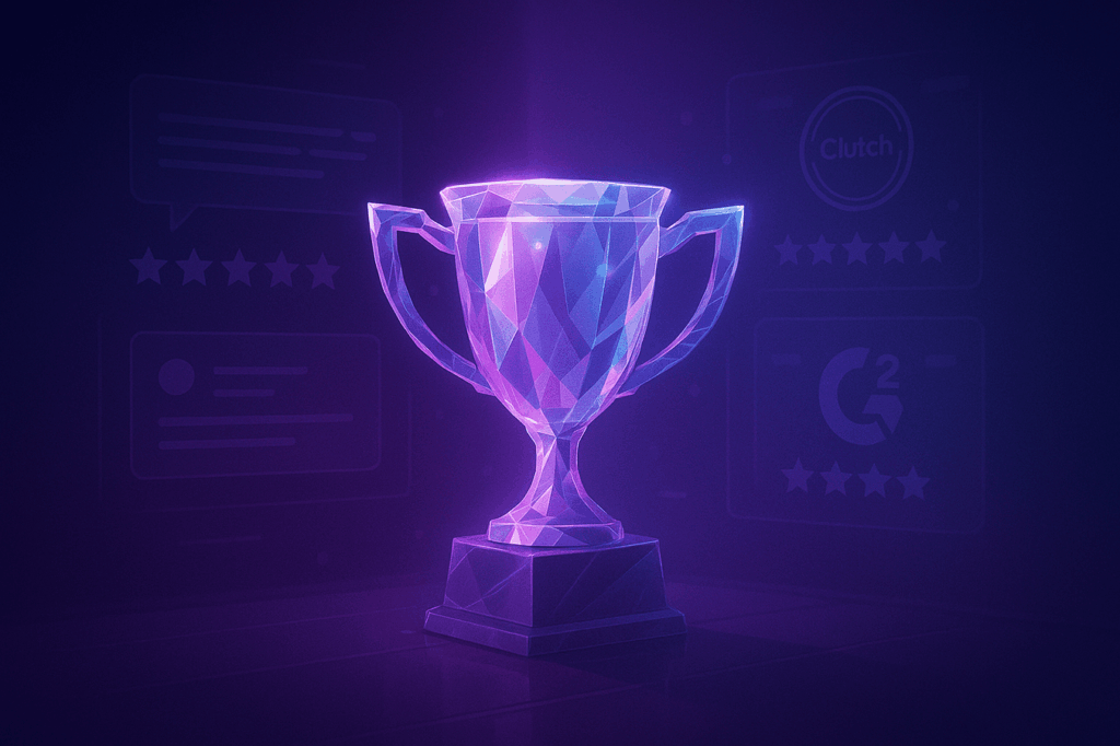 Animated glass trophy emitting soft purple light, surrounded by icons of reviews and awards.