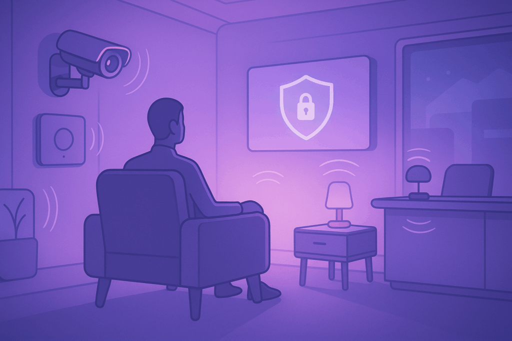 Illustration of a person seated in a modern, softly lit room bathed in purple hues, surrounded by discreet AI sensors and cameras that emit subtle signals, with a shield icon displayed on a central screen to represent proactive, invisible security monitoring.