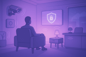 Illustration of a person seated in a modern, softly lit room bathed in purple hues, surrounded by discreet AI sensors and cameras that emit subtle signals, with a shield icon displayed on a central screen to represent proactive, invisible security monitoring.
