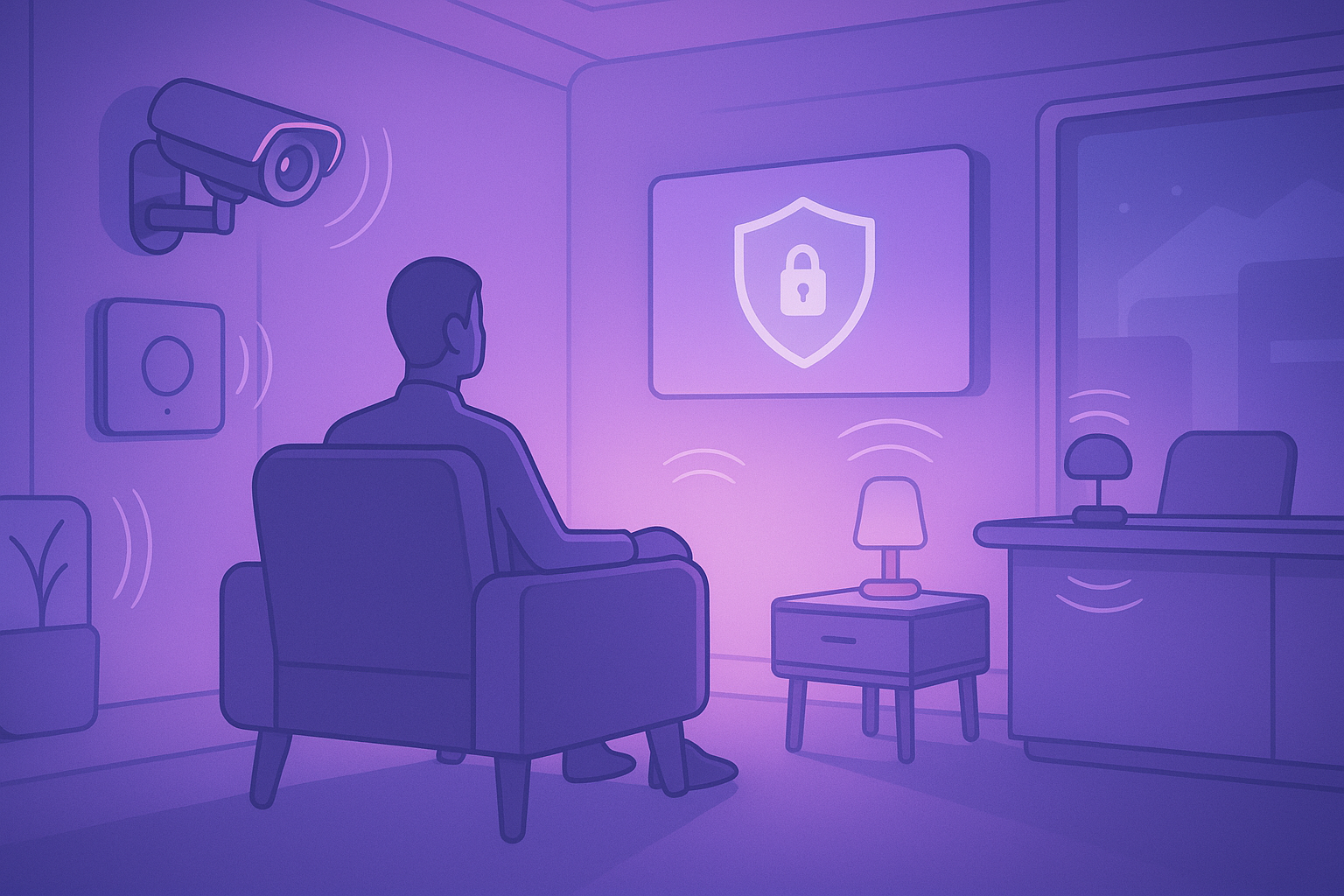 Illustration of a person seated in a modern, softly lit room bathed in purple hues, surrounded by discreet AI sensors and cameras that emit subtle signals, with a shield icon displayed on a central screen to represent proactive, invisible security monitoring.