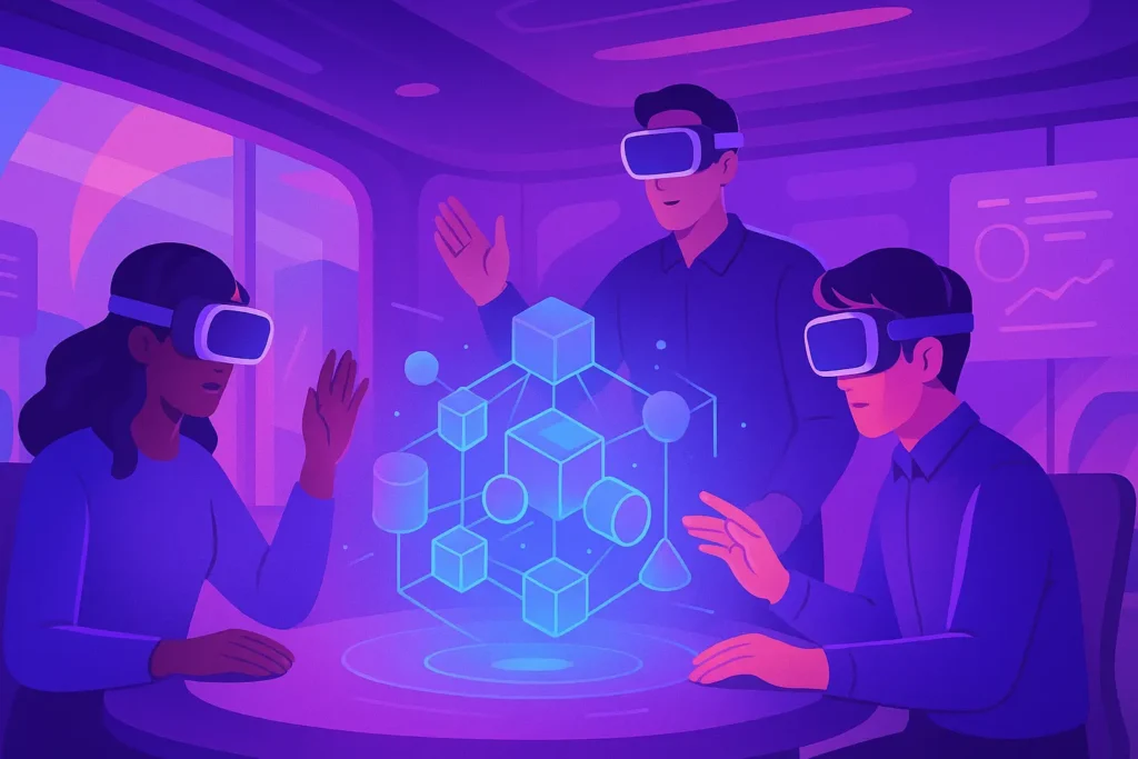 Three professionals—a Black woman, an Asian man, and a Caucasian man—wear VR headsets and reach toward a glowing holographic geometric model in a purple-hued virtual workspace.