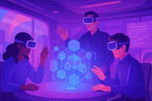 Three professionals—a Black woman, an Asian man, and a Caucasian man—wear VR headsets and reach toward a glowing holographic geometric model in a purple-hued virtual workspace.