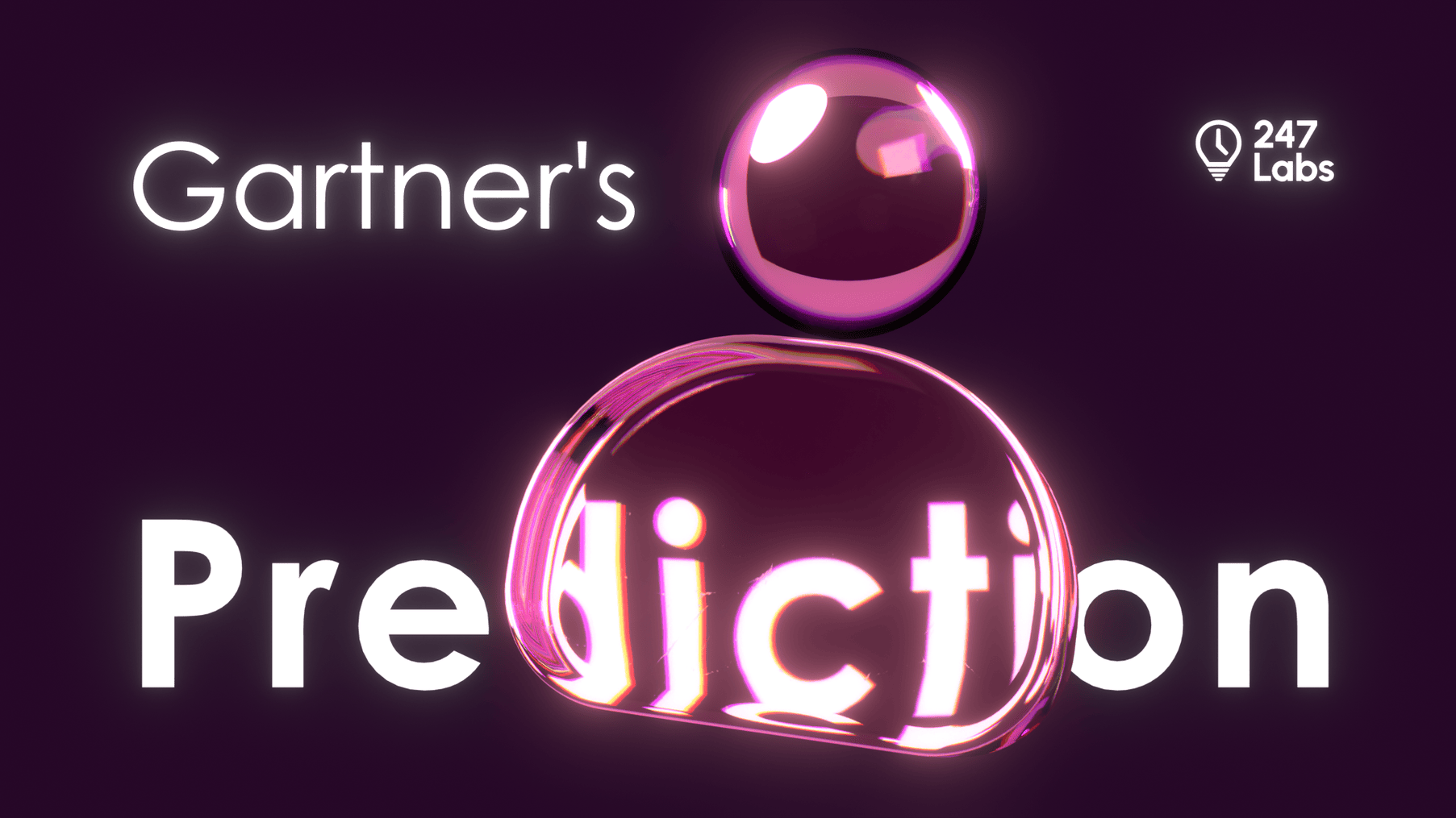 Dark purple background featuring the word โGartnerโsโ in white at top left and โPredictionโ in bold white letters across the center, with a large glass-material sphere forming the โoโ in โPredictionโ and a smaller matching sphere floating above it. The 247 Labs logo appears in white at top right.
