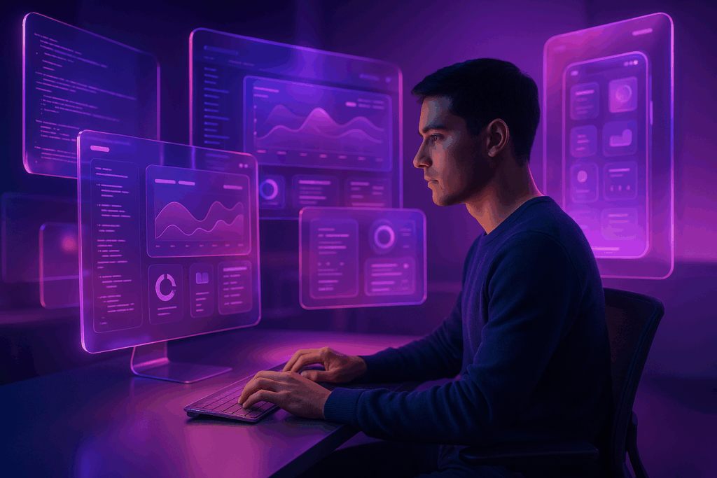 A man sits at a desk using a laptop, surrounded by glowing glass-like digital screens displaying analytics, charts, and data visualizations in purple tones.