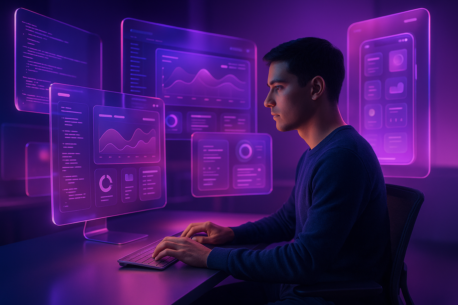 A man sits at a desk using a laptop, surrounded by glowing glass-like digital screens displaying analytics, charts, and data visualizations in purple tones.