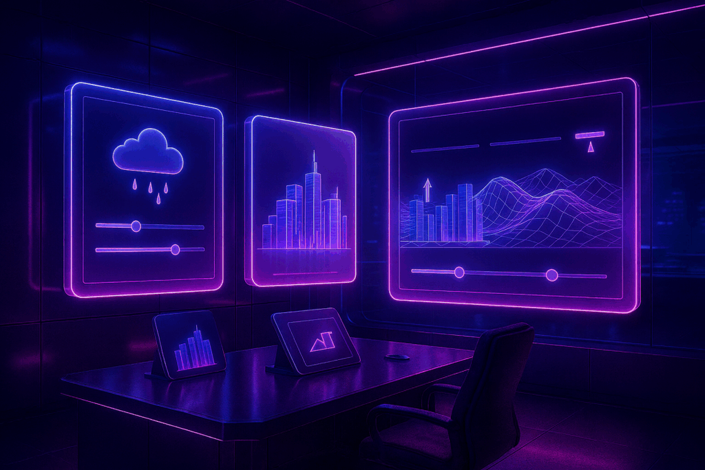 High-tech control room with three glowing holographic displays showing weather controls, city skyline, and terrain editing, styled in purple and fuchsia glass dispersion with a modern desk and chair.