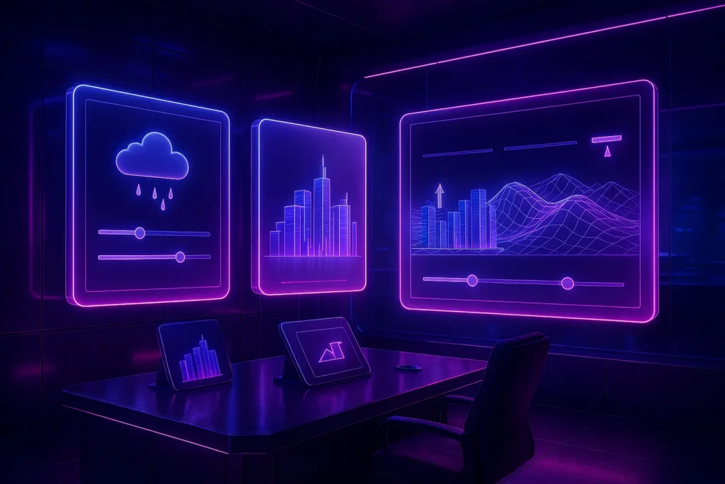 High-tech control room with three glowing holographic displays showing weather controls, city skyline, and terrain editing, styled in purple and fuchsia glass dispersion with a modern desk and chair.