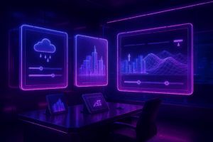 High-tech control room with three glowing holographic displays showing weather controls, city skyline, and terrain editing, styled in purple and fuchsia glass dispersion with a modern desk and chair.