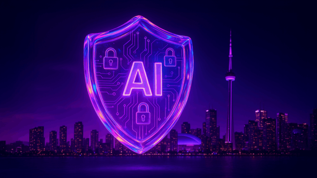 A glowing purple-fuchsia glass shield with circuitry and lock icons, labeled "AI," hovering above the Toronto skyline at night with the CN Tower illuminated.