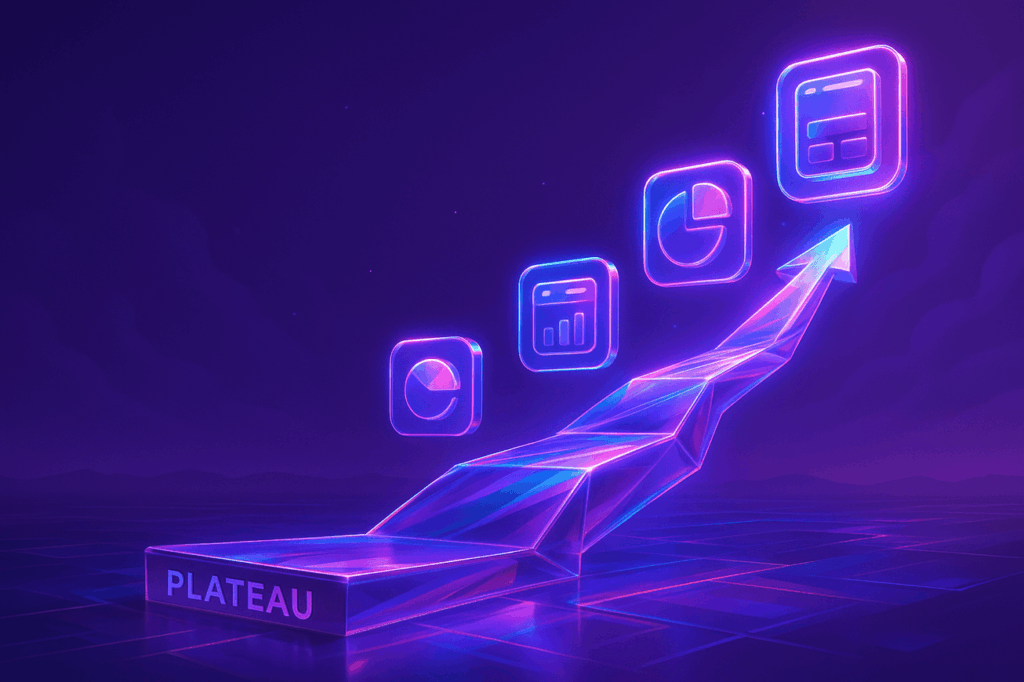 A futuristic 3D digital pathway made of glass-like purple and fuchsia refraction, rising upward from a platform labeled “Plateau,” with glowing app, portal, and dashboard icons along the route.