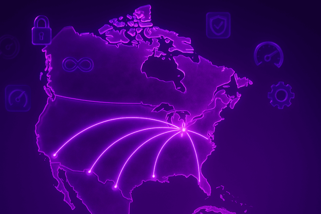 3D purple and fuchsia glass dispersion map of the U.S. and Canada with glowing purple lines extending from Toronto to Texas, North Carolina, Florida, Utah, and San Diego. Floating glass icons represent security, integration, speed, and reliability.
