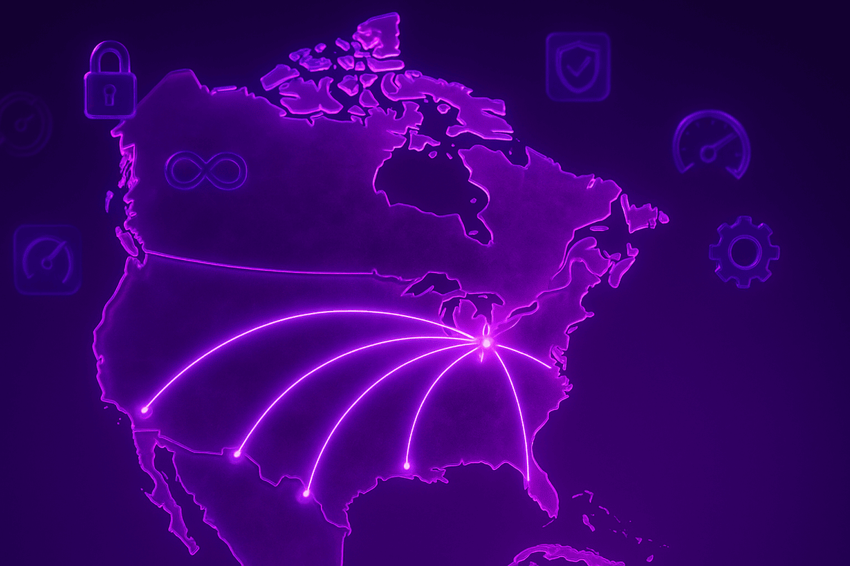 3D purple and fuchsia glass dispersion map of the U.S. and Canada with glowing purple lines extending from Toronto to Texas, North Carolina, Florida, Utah, and San Diego. Floating glass icons represent security, integration, speed, and reliability.