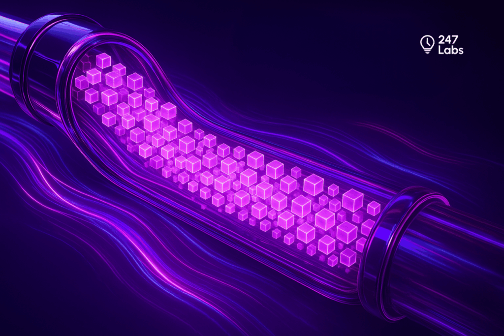 Stylized 3D glass pipeline carrying glowing purple data cubes with energy streams flowing left to right, representing automated data pipelines and efficiency.