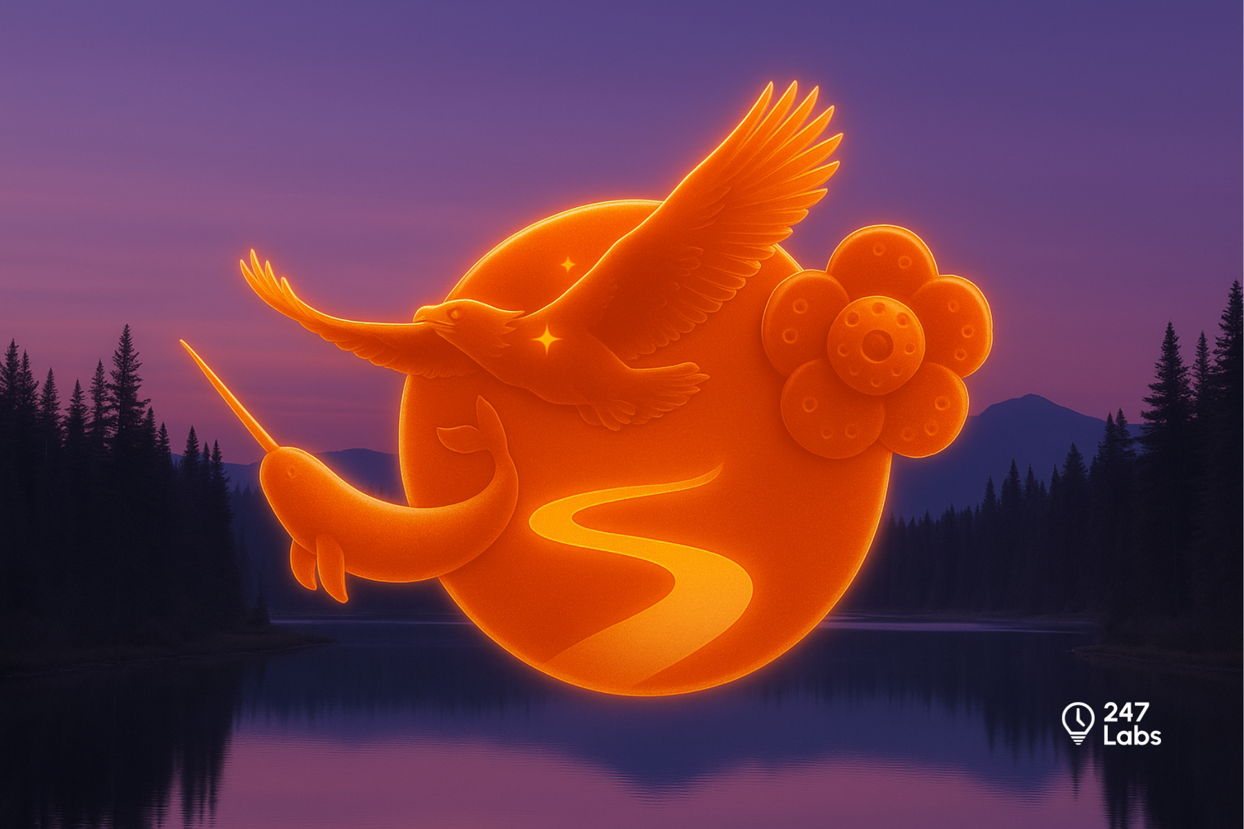 3D orange-reddish orange glass insignia featuring an eagle, narwhal, flower, stars, and winding path glowing against a purple-tinted Canadian wilderness with mountains, forest, and a calm lak