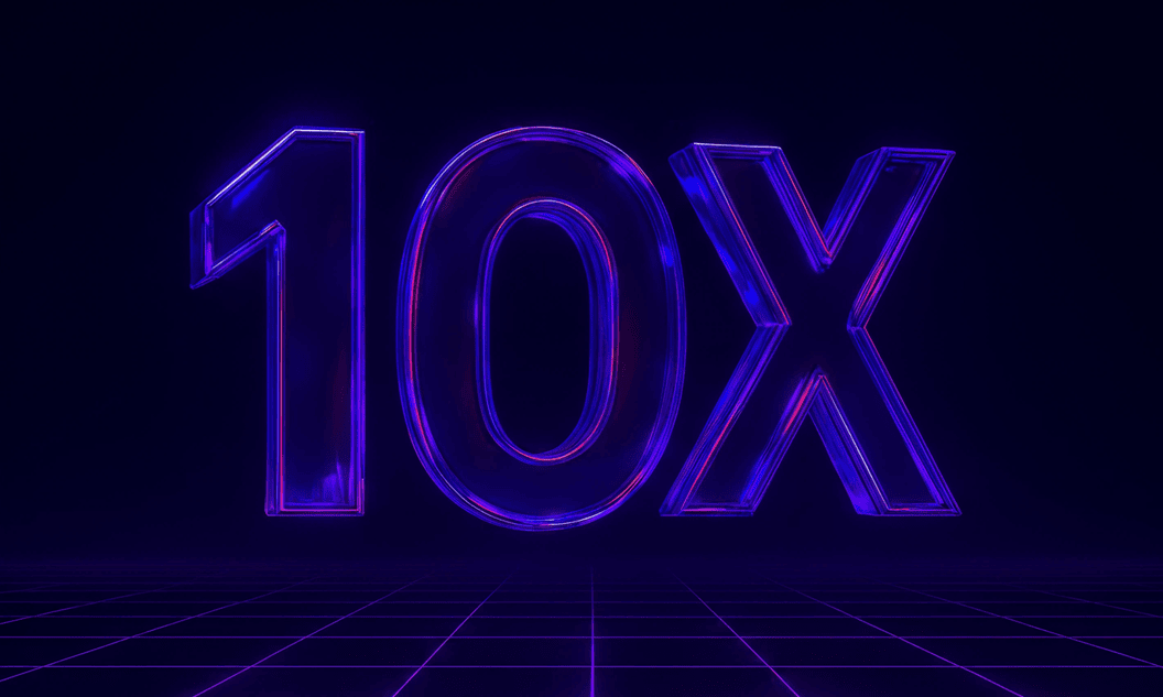 Neon glass 3D “10X” text centered on a futuristic purple grid with a glowing, dark background.