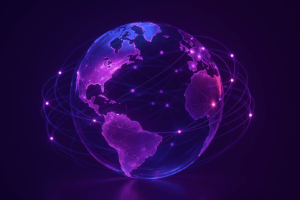A glowing semi-transparent 3D globe rendered in purple and fuchsia hues, with luminous connecting nodes and flowing digital network lines emphasizing North America.