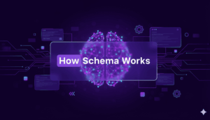 A digital illustration featuring a glowing, futuristic brain-like structure at the center, surrounded by circuit board elements and abstract data windows. A translucent banner across the middle reads "How Schema Works."