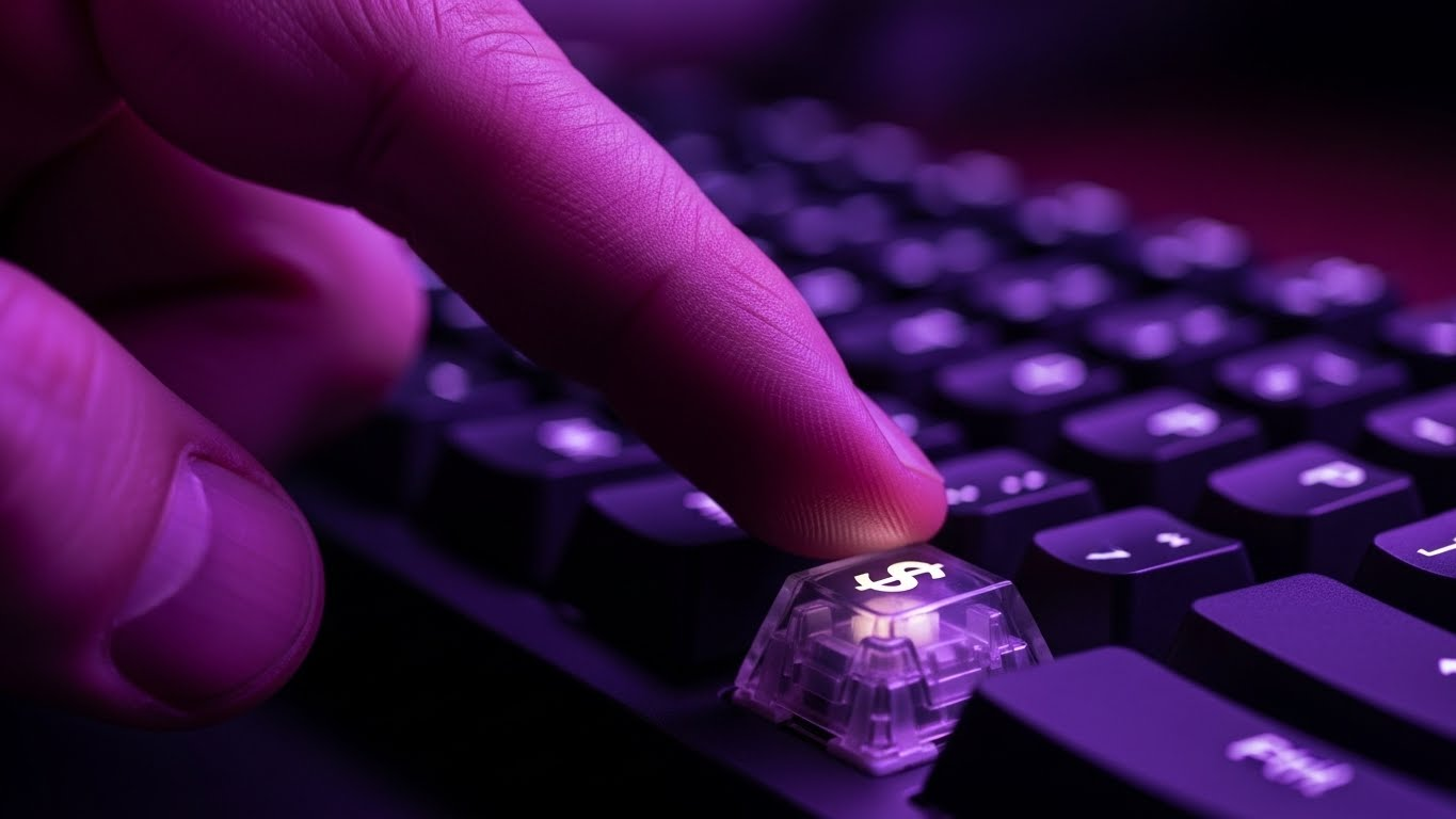 Finger pressing illuminated dollar sign key on mechanical keyboard representing fintech and digital ROI.