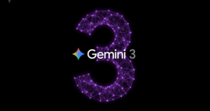 A dark image featuring the text "Gemini 3" with a small colorful logo, superimposed over a large, glowing, low-opacity purple number 3 rendered as a neural network or constellation of interconnected nodes and lines.