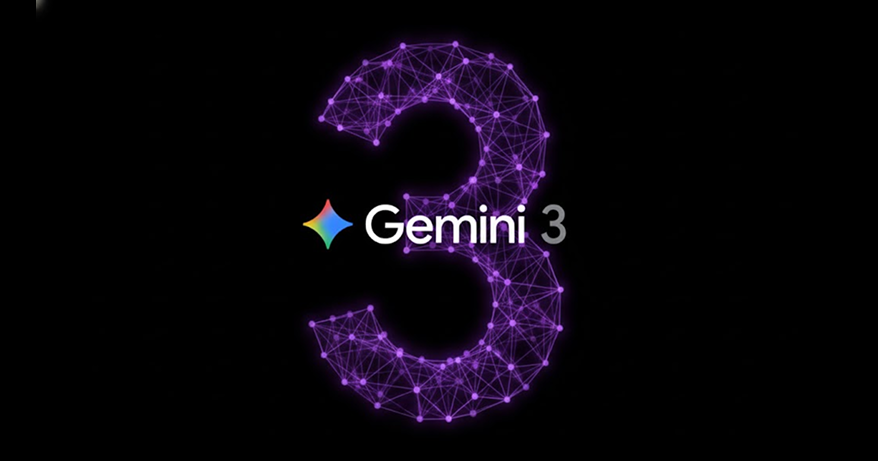 A dark image featuring the text "Gemini 3" with a small colorful logo, superimposed over a large, glowing, low-opacity purple number 3 rendered as a neural network or constellation of interconnected nodes and lines.