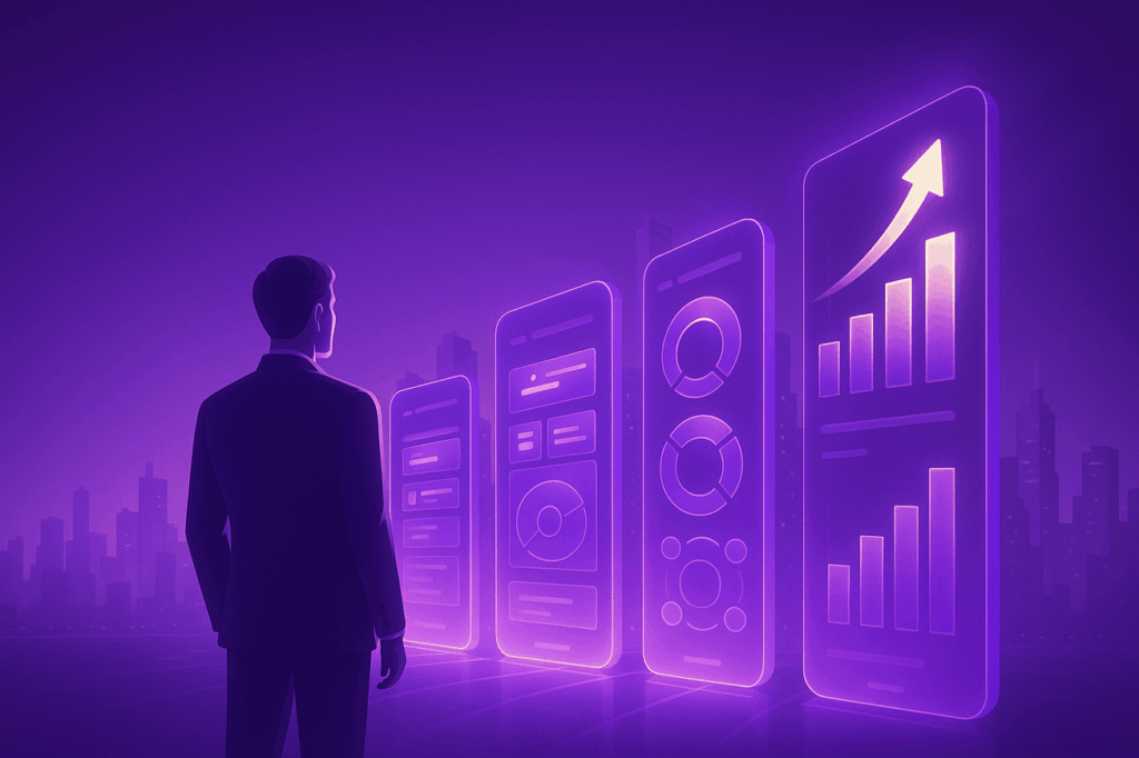 A CEO stands before a glowing holographic cityscape where tall, translucent buildings resemble app and website interfaces, each rising in height to symbolize increasing KPIs.