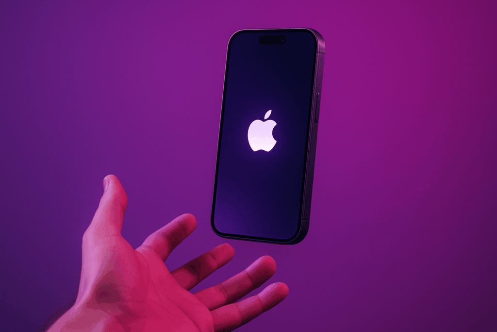 A hand reaching out toward a floating iPhone with the glowing Apple logo on its screen, set against a purple and pink gradient background.