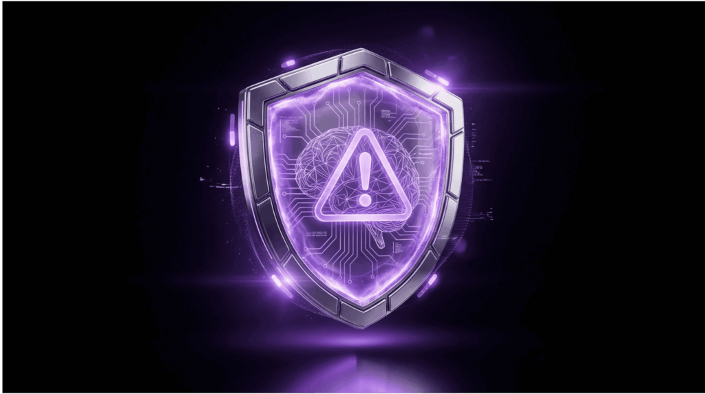 Futuristic chrome shield with warning symbol and AI neural network patterns glowing in purple against a black background